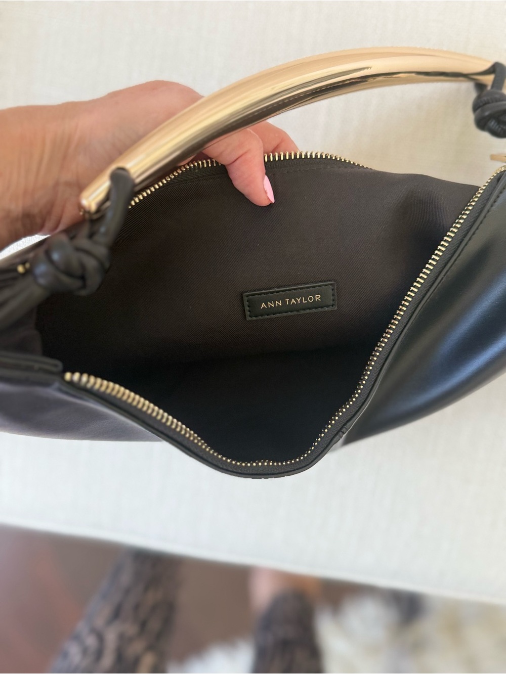 Ann Taylor Black Leather Shoulder Bag with Gold Handle